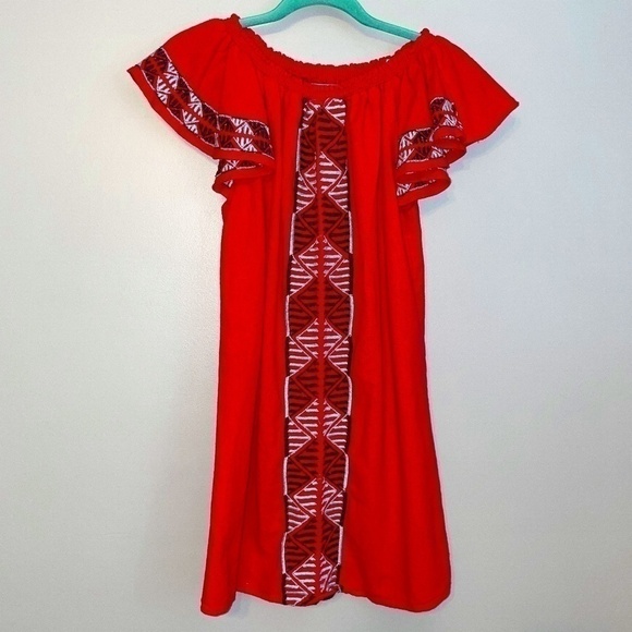 EUC Piper by Townsen Red Embroidered Off Shoulder Boho Dress Size Medium - Picture 4 of 8